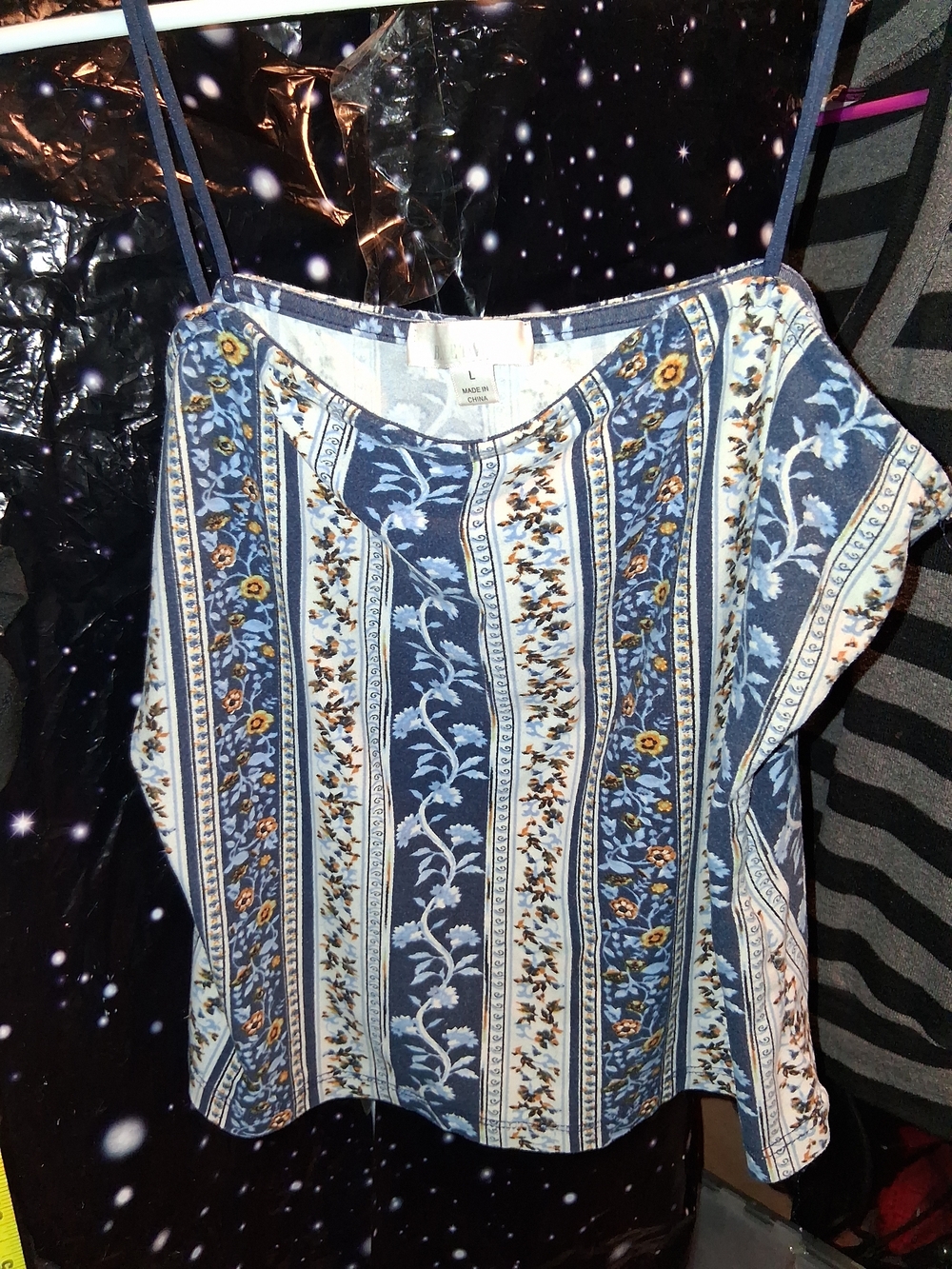 Belleek Blue Striped Floral Spaghetti Strap Crop Top